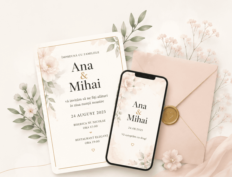 Invitații digitale de nuntă pe tabletă și telefon, cu flori și plic elegant