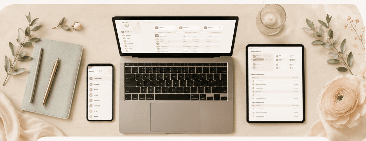 Planificator de nuntă digital pe laptop, telefon și tabletă